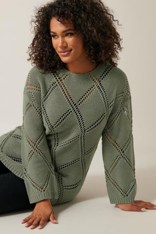 Evans EVANS Curve Khaki Green Diamond Pointelle Jumper