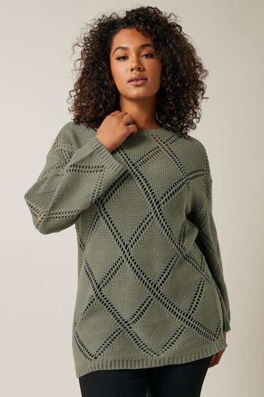 evans EVANS Curve Khaki Green Diamond Pointelle Jumper