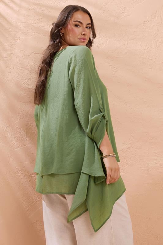 Evans EVANS Curve Khaki Green Double Layer Longline Blouse