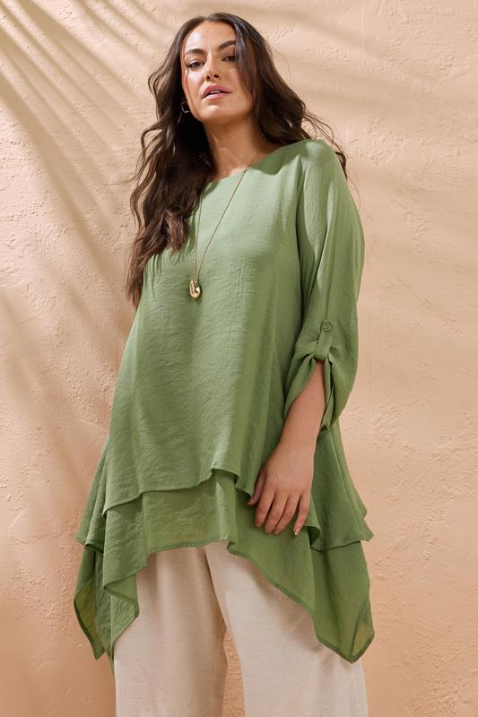 evans EVANS Curve Khaki Green Double Layer Longline Blouse