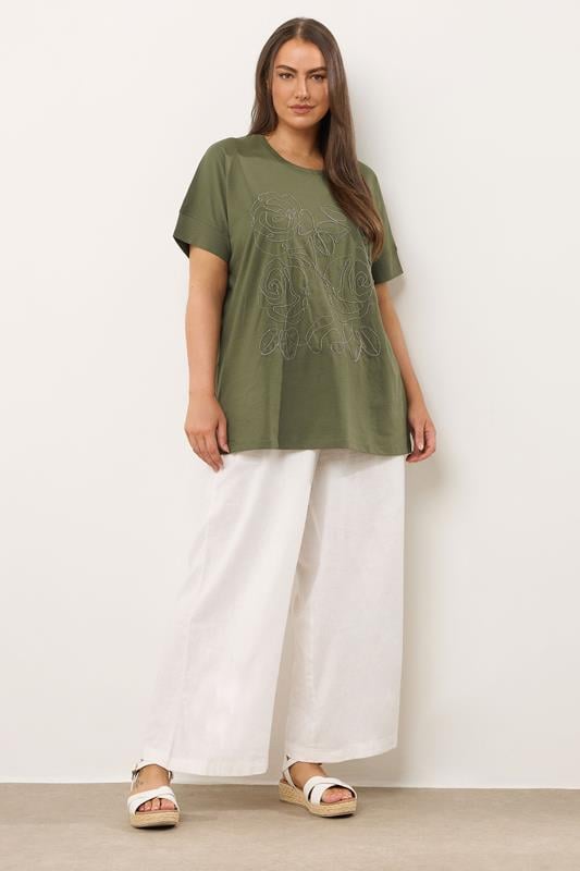 Evans EVANS Curve Khaki Green Floral Chain Detail Cotton T-Shirt