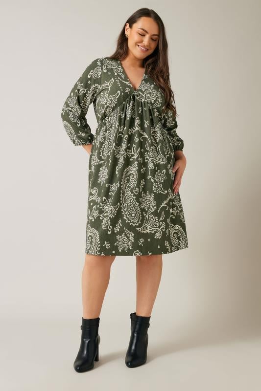 Evans EVANS Curve Khaki Green Paisley Print Crepe Midi Dress