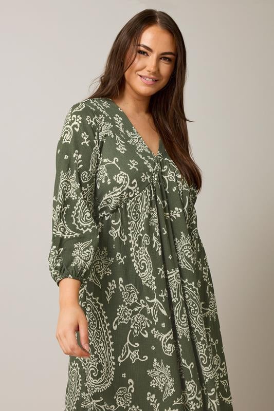 Evans EVANS Curve Khaki Green Paisley Print Crepe Midi Dress