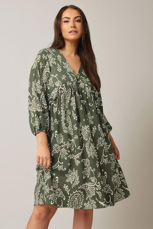 evans EVANS Curve Khaki Green Paisley Print Crepe Midi Dress