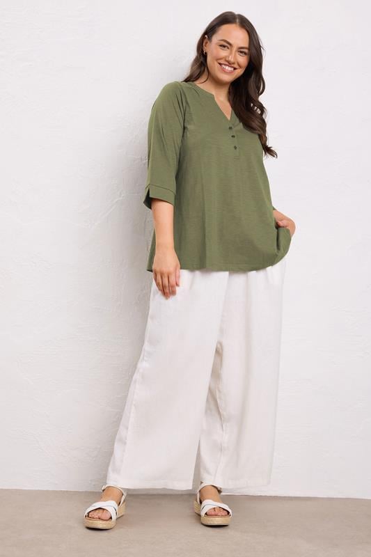 Evans EVANS Curve Khaki Green Pleat Front Henley Top