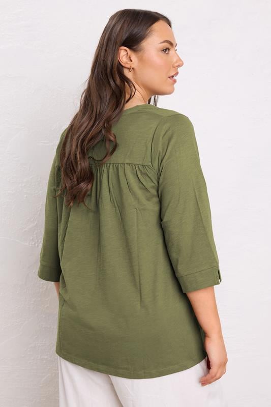 Evans EVANS Curve Khaki Green Pleat Front Henley Top
