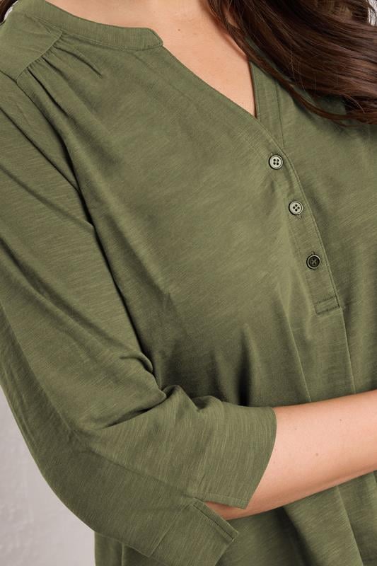 Evans EVANS Curve Khaki Green Pleat Front Henley Top