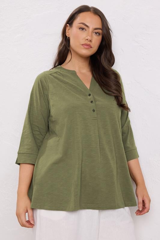 evans EVANS Curve Khaki Green Pleat Front Henley Top