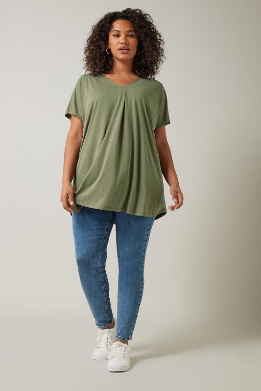 Evans EVANS Curve Khaki Green Pleat Front Modal Rich Top