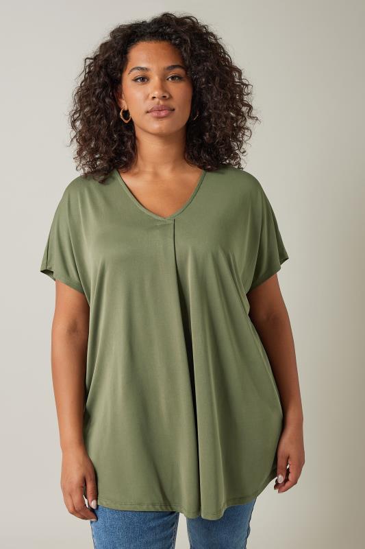 evans EVANS Curve Khaki Green Pleat Front Modal Rich Top