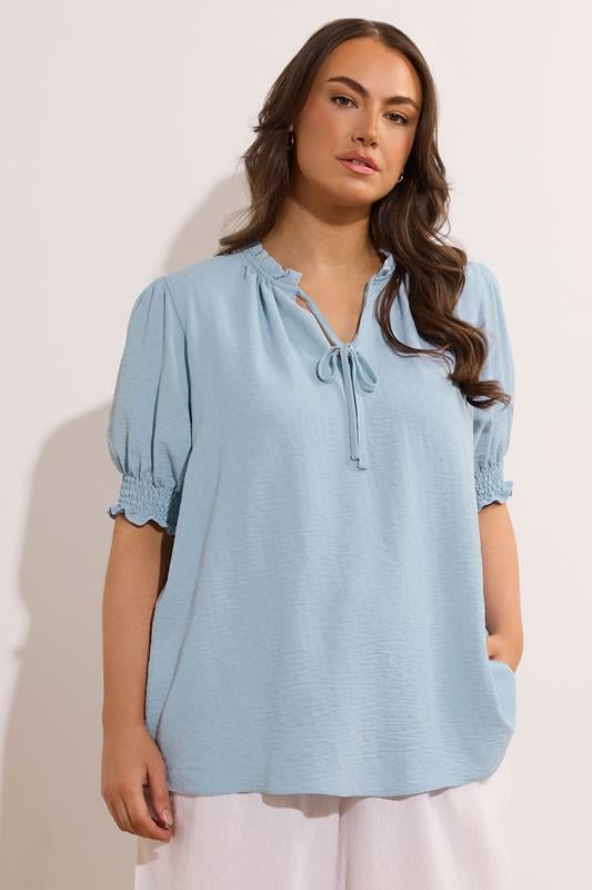 evans EVANS Curve Light Blue Frilled Tie Neck Blouse