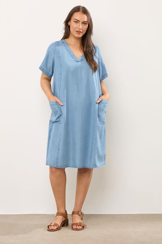evans EVANS Curve Light Blue Lyocell Denim Pocket Dress