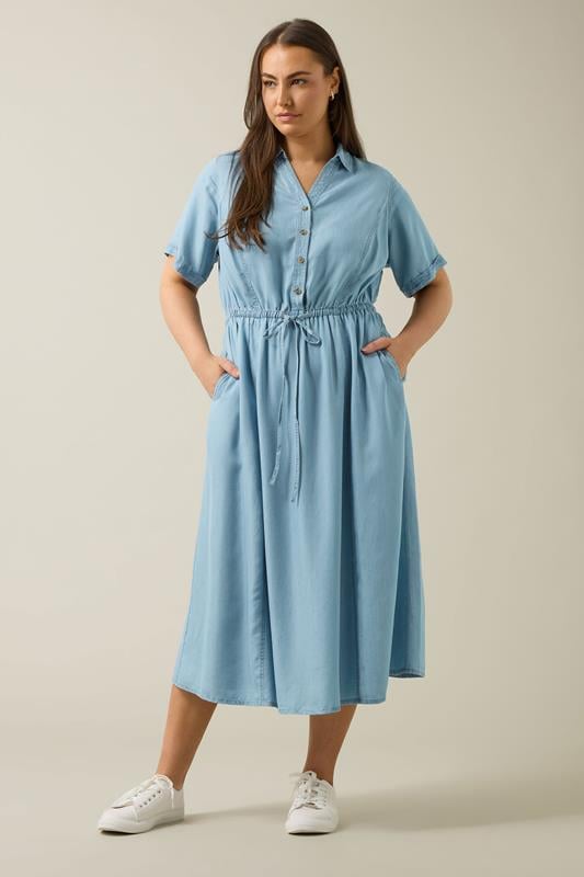 Evans EVANS Curve Light Blue Lyocell Denim Shirt Dress