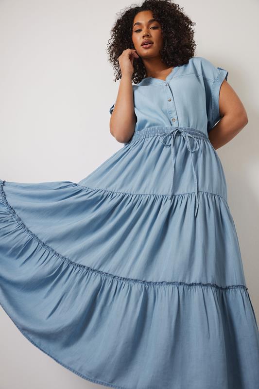 Evans EVANS Curve Light Blue Lyocell Denim Tiered Skirt