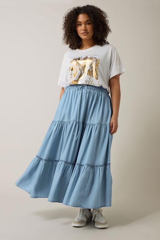 Evans EVANS Curve Light Blue Lyocell Denim Tiered Skirt