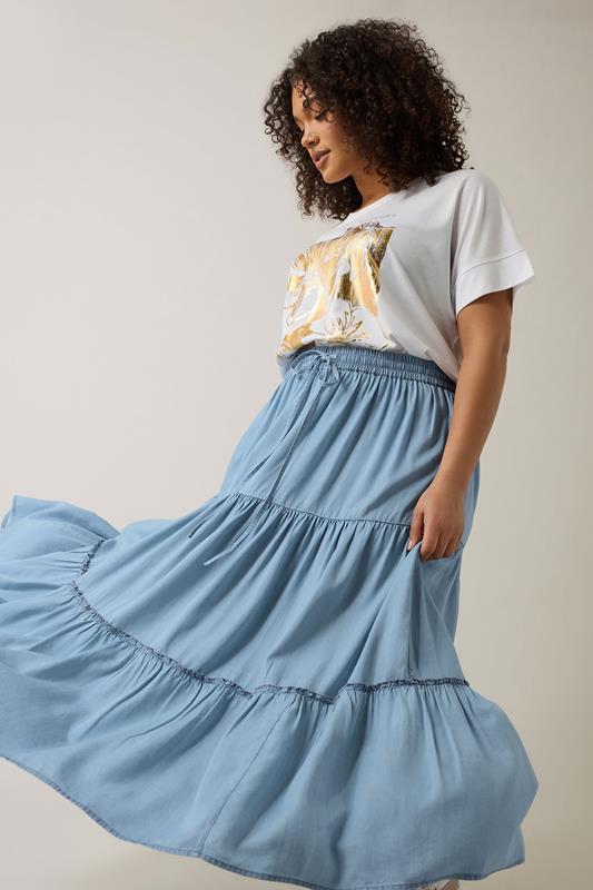 Evans EVANS Curve Light Blue Lyocell Denim Tiered Skirt