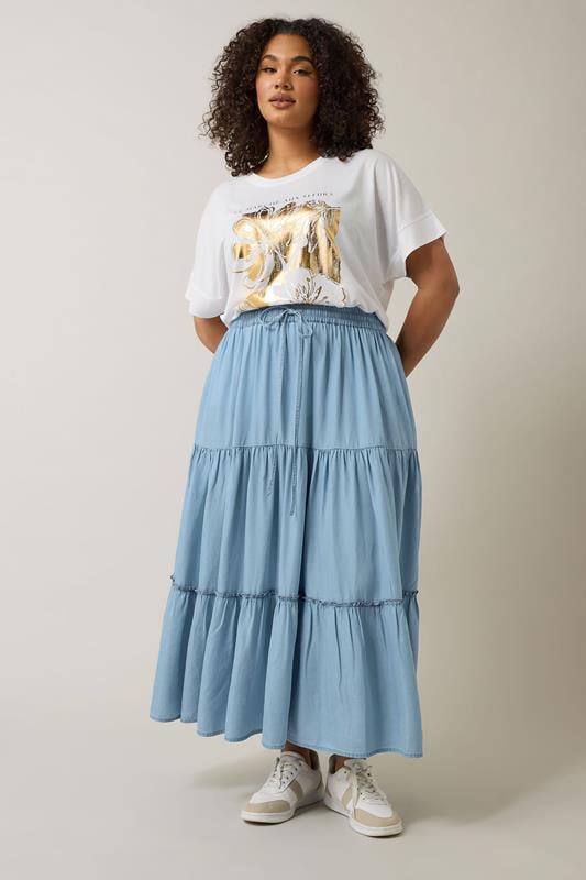 evans EVANS Curve Light Blue Lyocell Denim Tiered Skirt