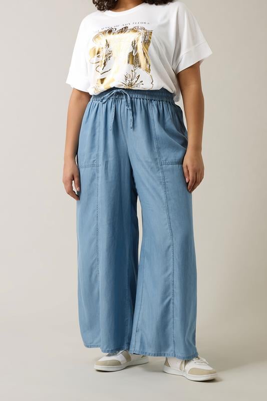 Evans EVANS Curve Light Blue Lyocell Wide Leg Trousers
