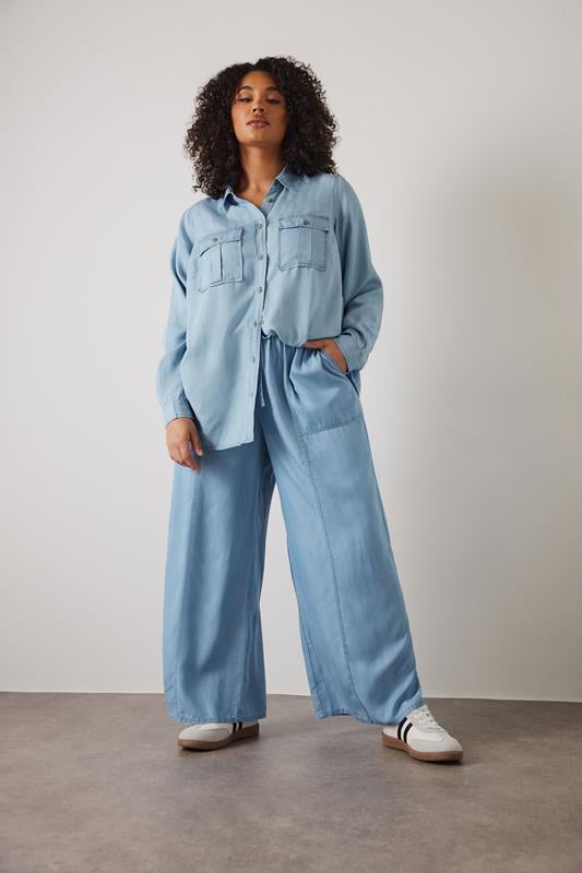 evans EVANS Curve Light Blue Lyocell Wide Leg Trousers