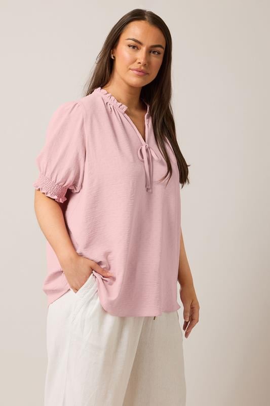 evans EVANS Curve Light Pink Frilled Tie Neck Blouse