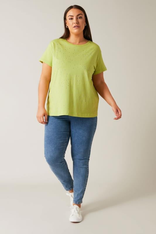 Evans EVANS Curve Lime Green Stud Embellished Pure Cotton T-Shirt