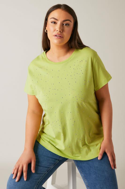evans EVANS Curve Lime Green Stud Embellished Pure Cotton T-Shirt