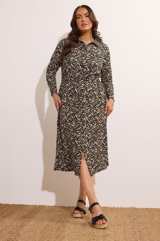 Evans EVANS Curve Natural Brown Abstract Print Crepe Midi Shirt Dress