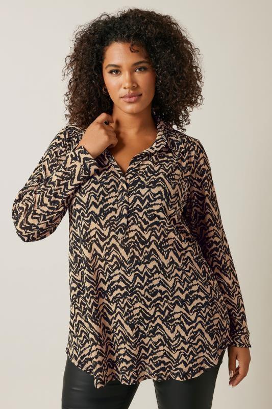 evans EVANS Curve Natural Brown Abstract Print Half Placket Shirt