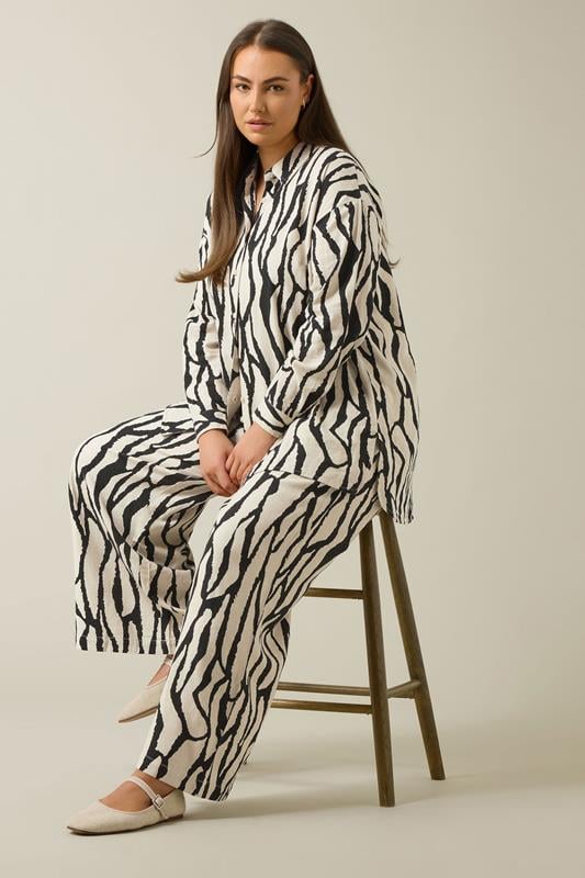 Evans EVANS Curve Natural Brown Abstract Print Premium Linen Trousers