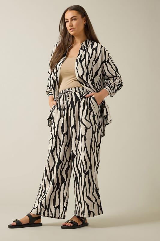 Evans EVANS Curve Natural Brown Abstract Print Premium Linen Trousers