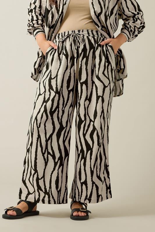 Evans EVANS Curve Natural Brown Abstract Print Premium Linen Trousers