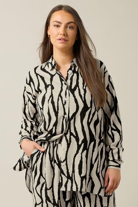 Evans EVANS Curve Natural Brown Abstract Print Premium Linen Shirt