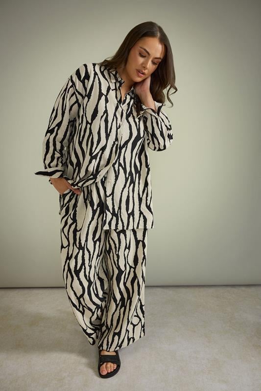 evans EVANS Curve Natural Brown Abstract Print Premium Linen Trousers