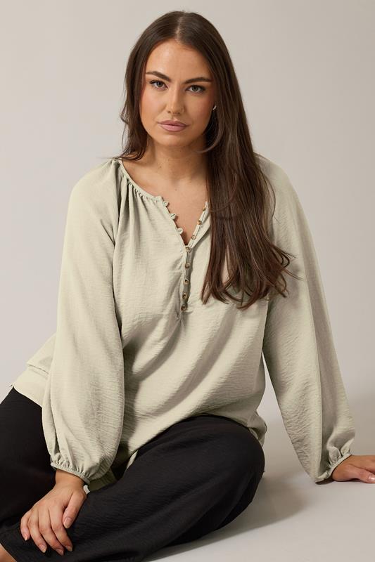 evans EVANS Curve Natural Brown Button Front Long Sleeve Blouse