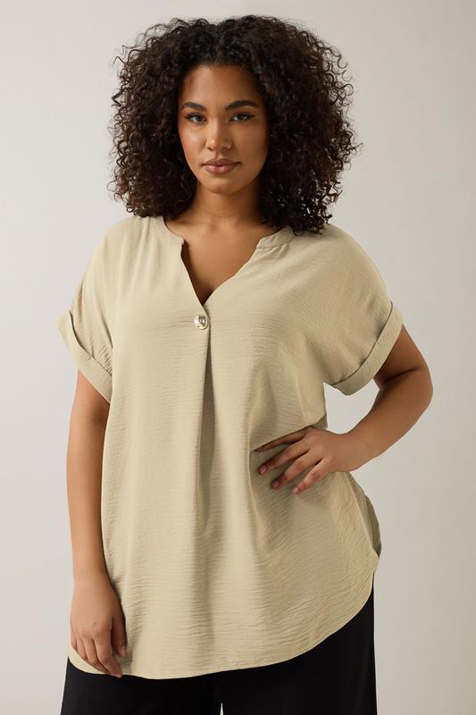 Evans EVANS Curve Natural Brown Button Front Short Sleeve Blouse