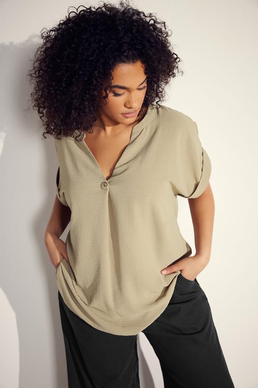 evans EVANS Curve Natural Brown Button Front Short Sleeve Blouse