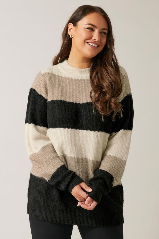 evans EVANS Curve Natural Brown Colourblock Stripe Knitted Jumper