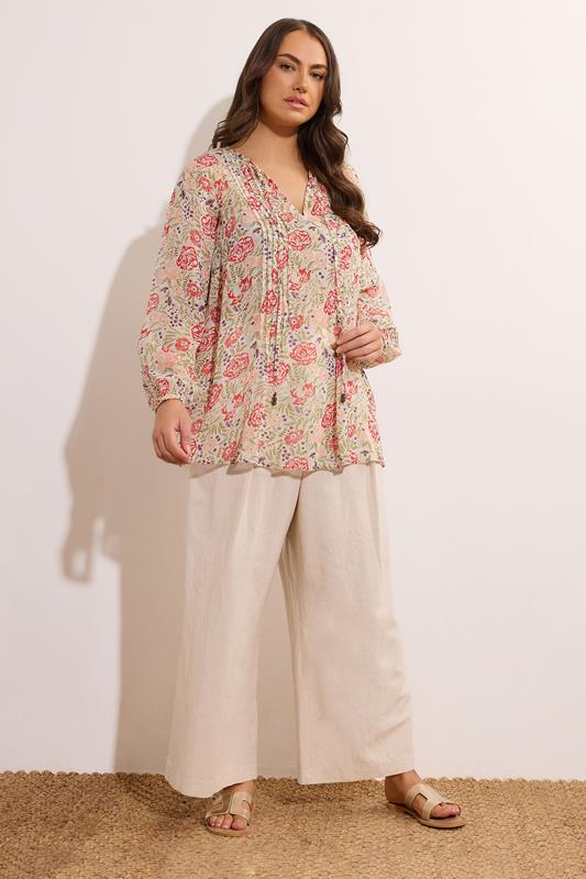 Evans EVANS Curve Natural Brown Floral Tie Neck Blouse