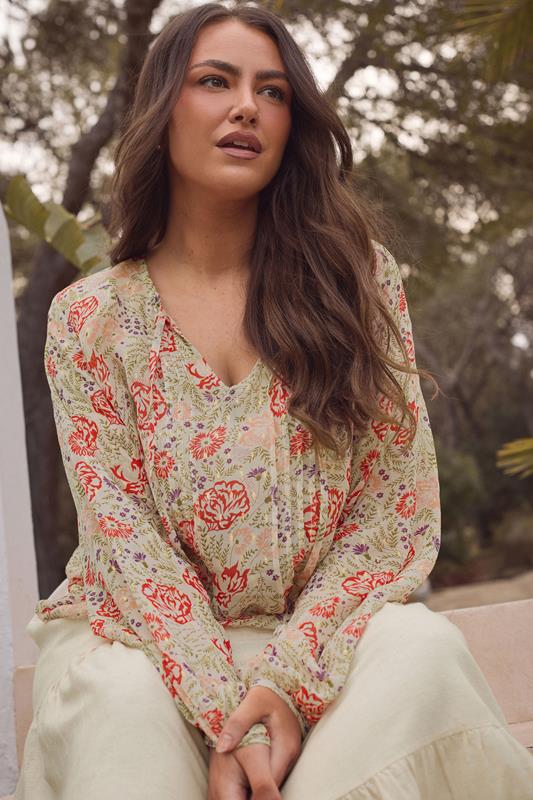 evans EVANS Curve Natural Brown Floral Tie Neck Blouse