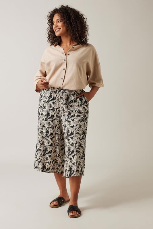 Evans EVANS Curve Natural Brown Leaf Print Linen Culottes