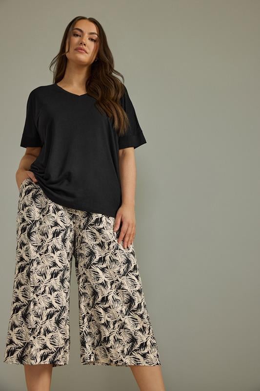 evans EVANS Curve Natural Brown Leaf Print Linen Culottes