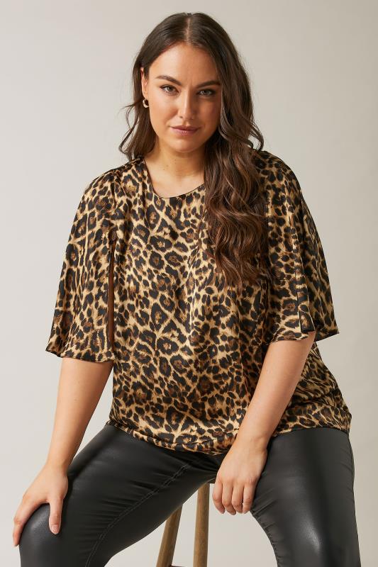 evans EVANS Curve Natural Brown Leopard Print Angel Sleeve Blouse