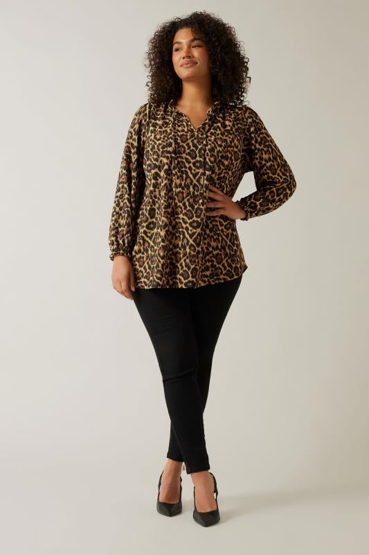 Evans EVANS Curve Natural Brown Leopard Print Crepe Tie Neck Blouse