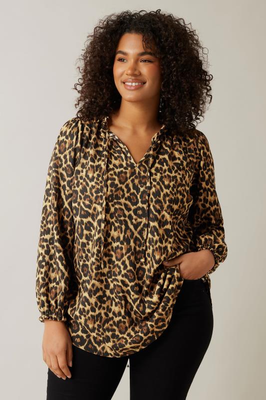 evans EVANS Curve Natural Brown Leopard Print Crepe Tie Neck Blouse