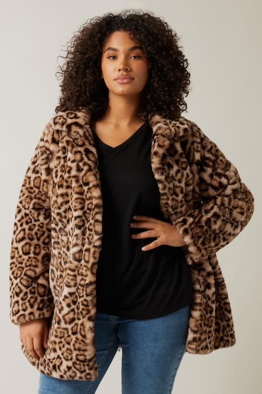 Evans EVANS Curve Natural Brown Leopard Print Faux Fur Coat