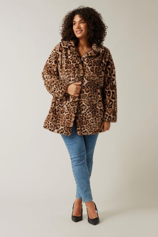 Evans EVANS Curve Natural Brown Leopard Print Faux Fur Coat