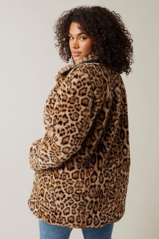 Evans EVANS Curve Natural Brown Leopard Print Faux Fur Coat
