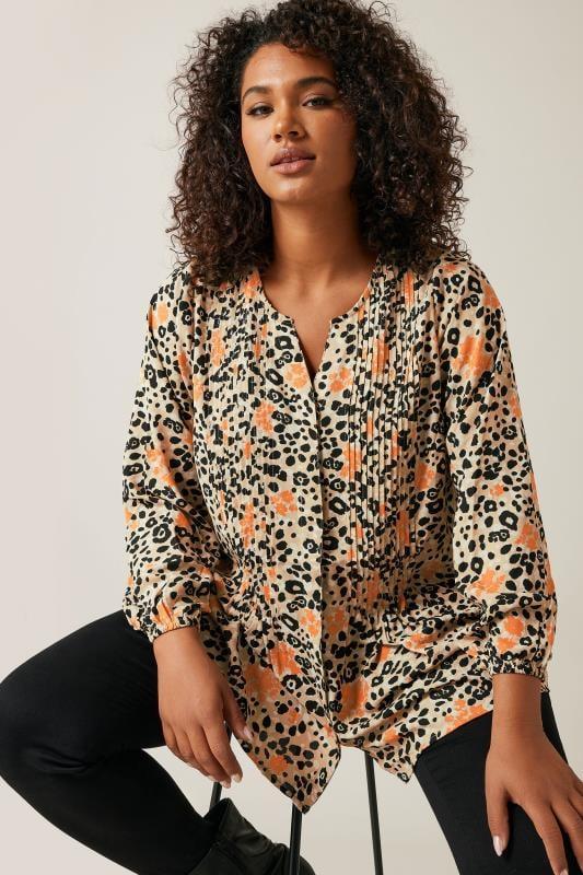 Evans EVANS Curve Natural Brown Leopard Print Pintuck Blouse