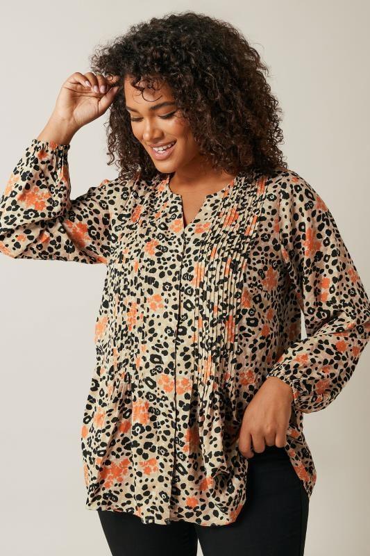 Evans EVANS Curve Natural Brown Leopard Print Pintuck Blouse