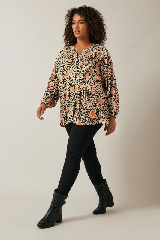 Evans EVANS Curve Natural Brown Leopard Print Pintuck Blouse